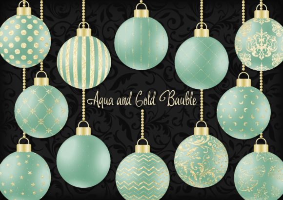 Aqua and Gold Christmas Bauble Decorative Elements