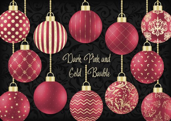 Dark Pink and Gold Christmas Bauble for Decorative Elements