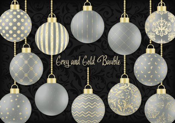 Grey and Gold Christmas Bauble Decorative Elements